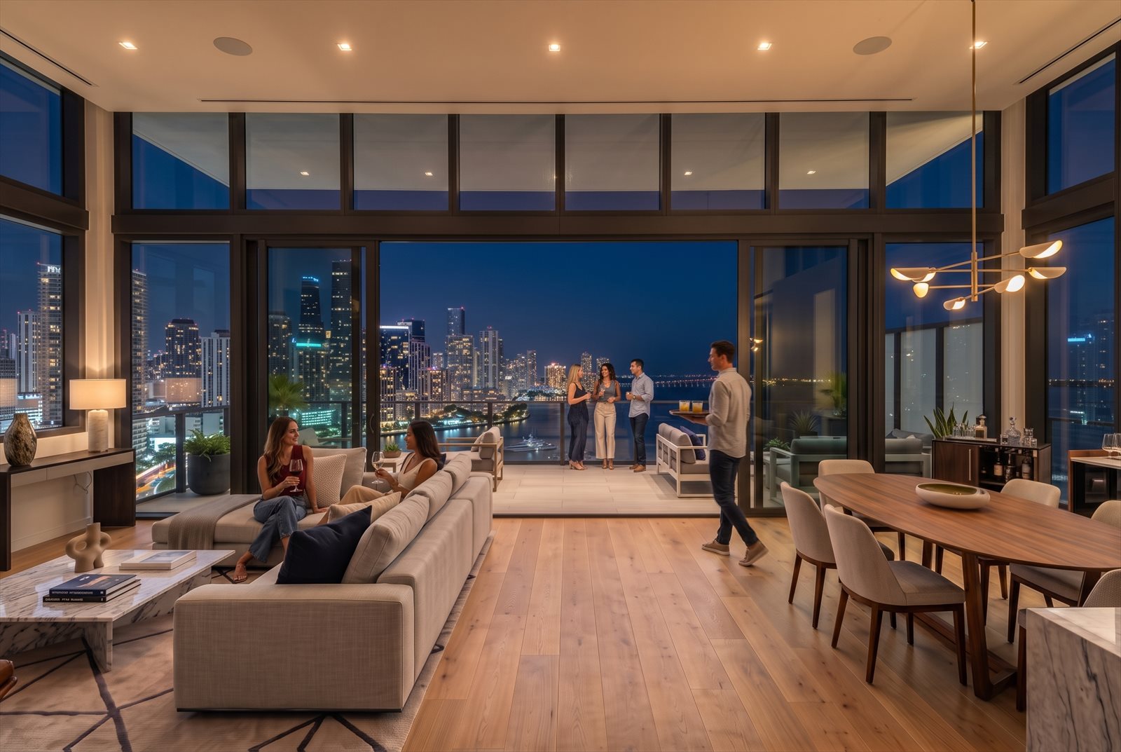 Six people spread across the interior and balcony at dusk